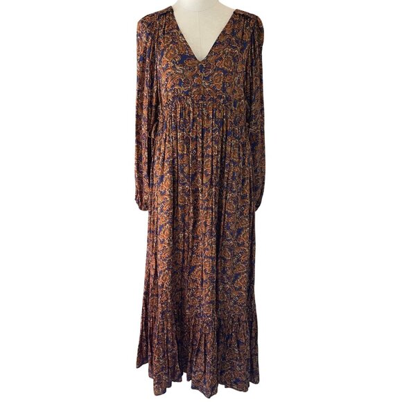 Sezane Womens Dress Size 38 Brown Ocher Evelyna Maxi Bohemian Paisley